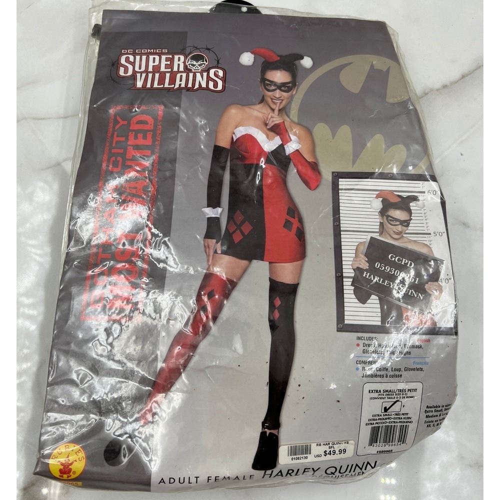 DC Comics Super Villains Harley Quinn Costume Adult XS Red Black Dress